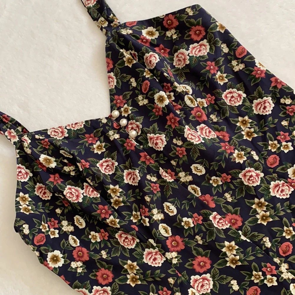 {NWT/VTG} Lingerie Cacique | Dark Floral Satin Pajama Sleep Romper Blue (S) - Picture 4 of 16